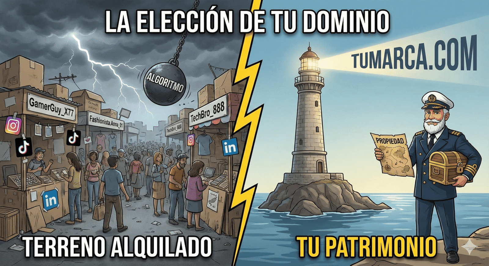 Ilustración comparativa: A la izquierda, el caos de elegir nombres de usuario complicados en redes sociales bajo amenaza del algoritmo. A la derecha, la claridad y autoridad de elegir un dominio web propio (TuMarca.com). Gráfico educativo para Victoresca.com.