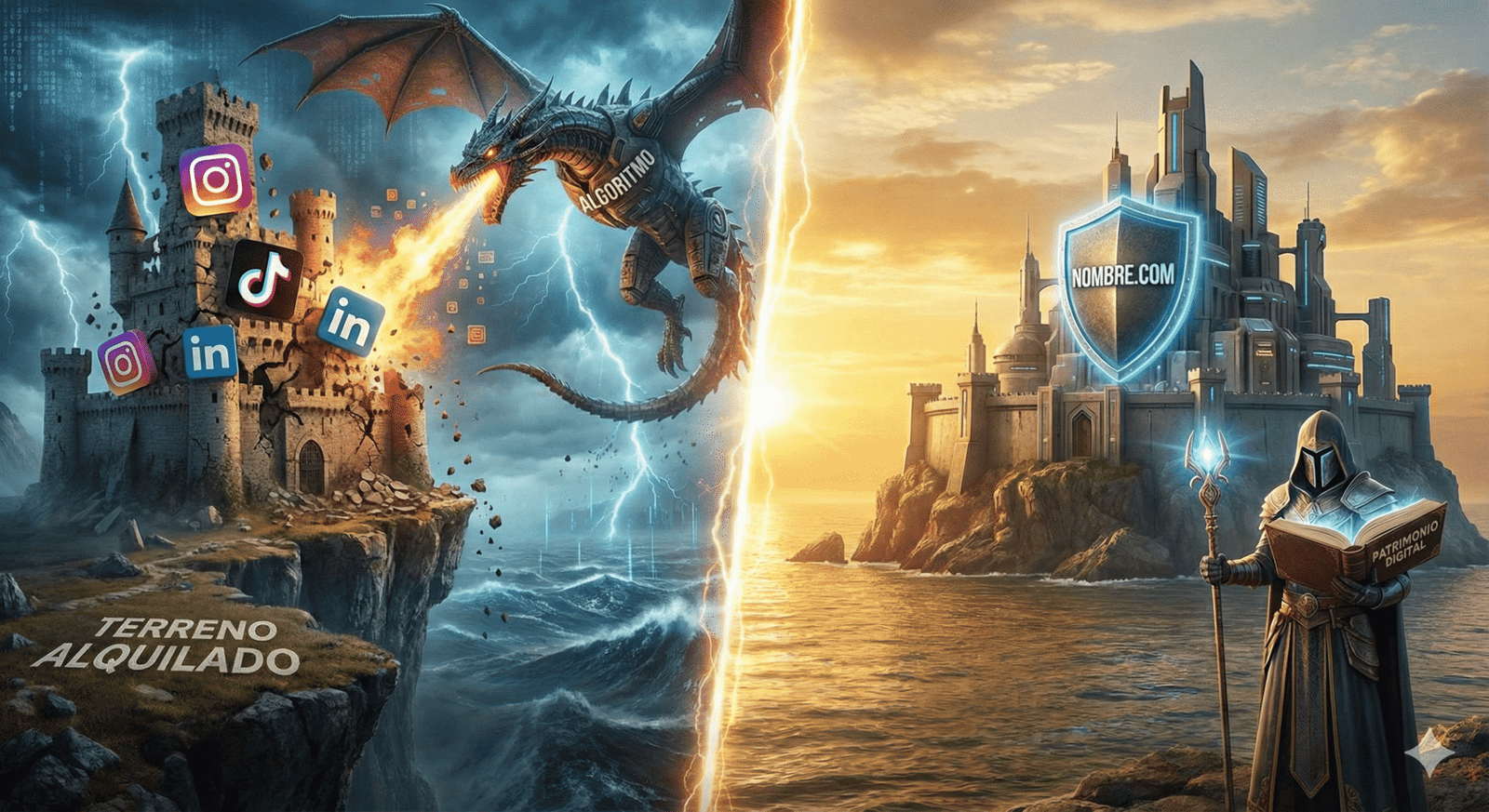 Ilustración de fantasía dividida que compara el riesgo de las redes sociales ('Terreno Alquilado' atacado por el 'Algoritmo') frente a la seguridad de un Dominio de Internet propio ('Nombre.com' como 'Patrimonio Digital'). Gráfico para el Diccionario Web de Victoresca.com.